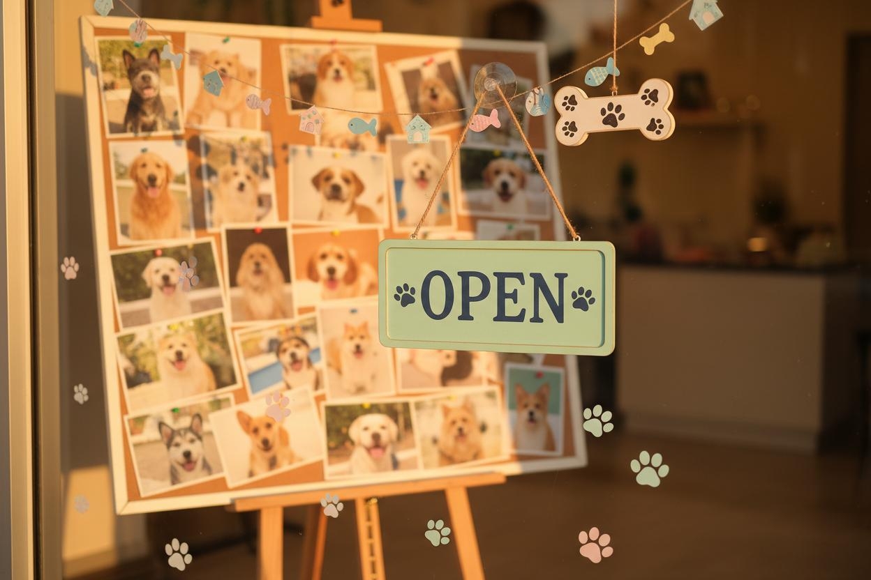 Klippin Kritters Open sign with happy dog photos