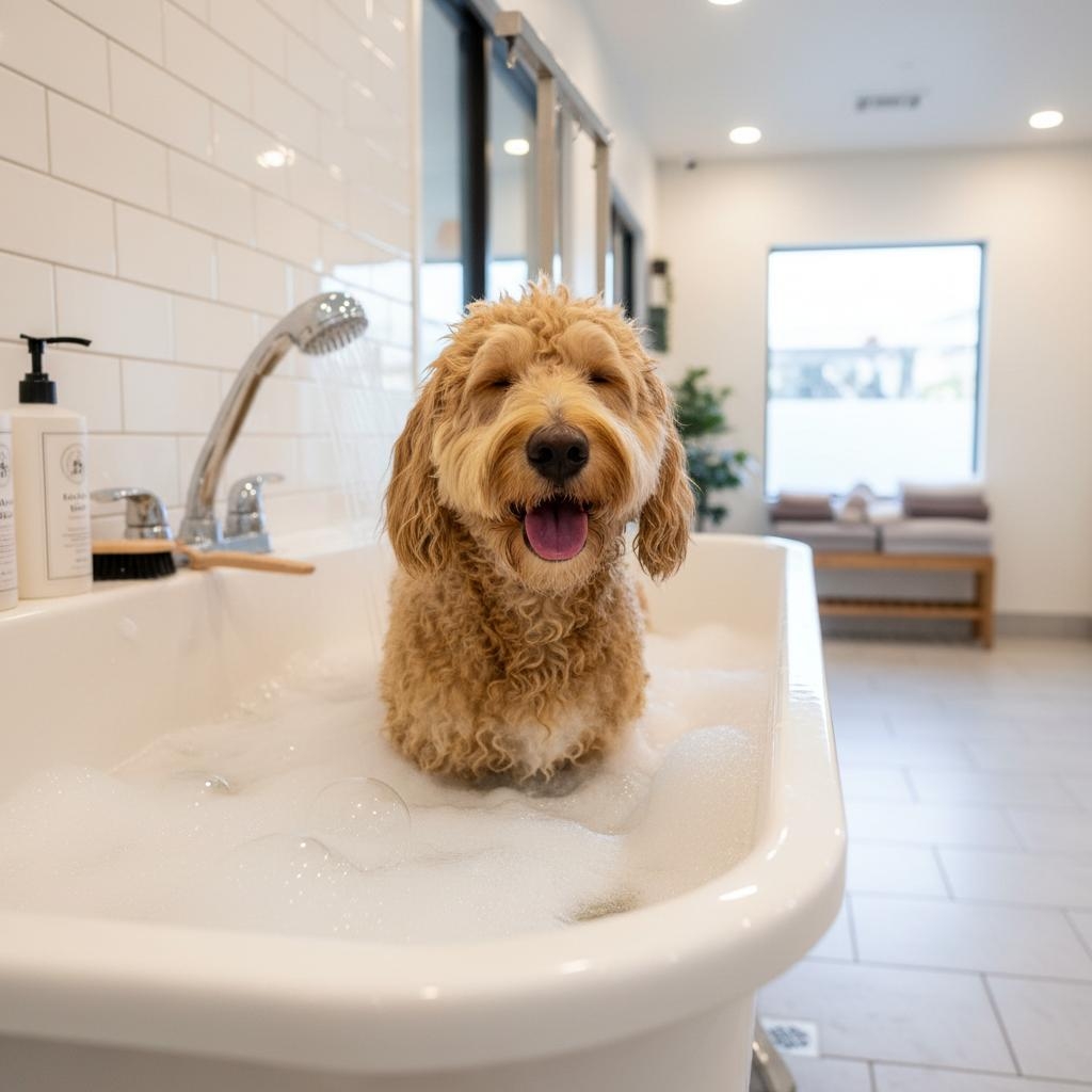 Dog enjoying a warm bath