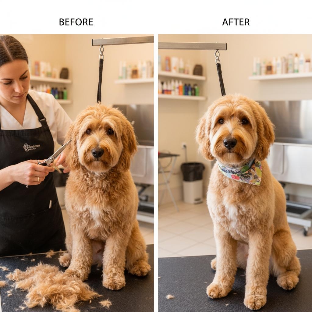 Dog getting a professional haircut